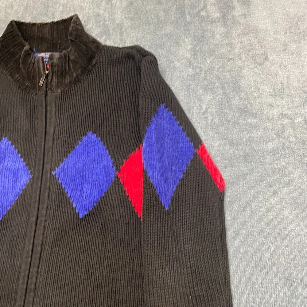 Vintage Tommy Hilfiger Sweater Mens S Black Diamond Mock Neck Knitted Full Zip